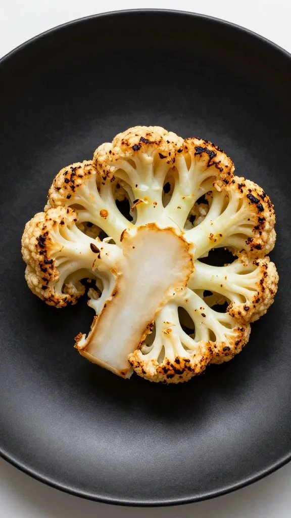 single roasted cauliflower floret on matte black plate