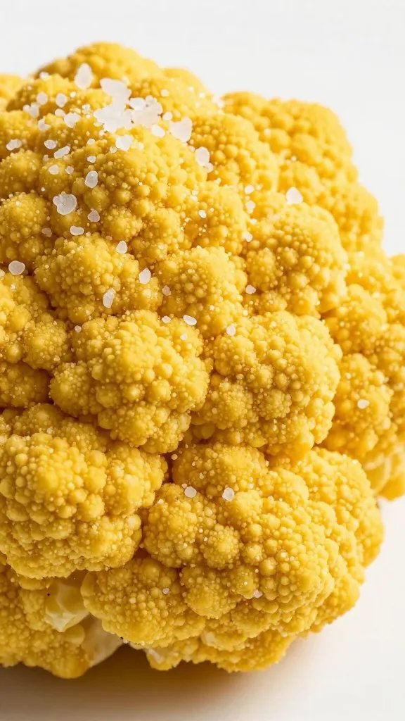 golden cauliflower floret with sea salt crystals