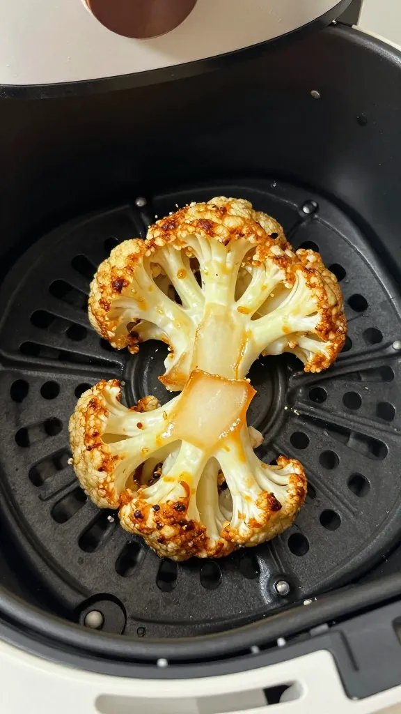 air fryer basket holding one caramelized cauliflower floret