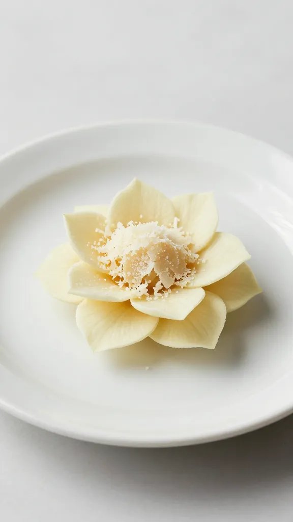 single floret with parmesan shavings on white ceramic