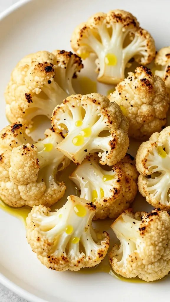 roasted cauliflower floret drizzled with olive oil droplets