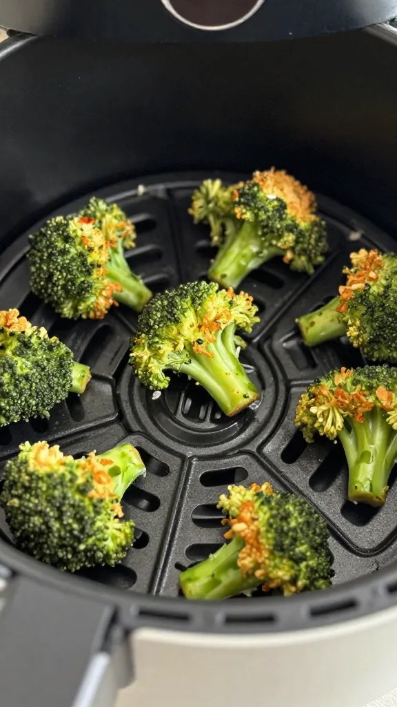 closeup of air fryer basket with crispy broccoli bites
