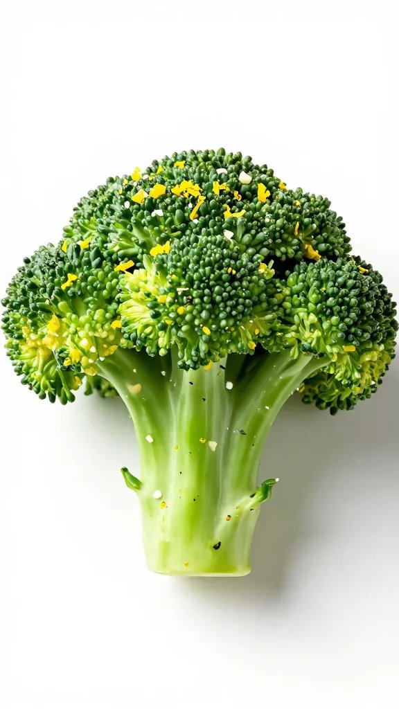 single broccoli floret coated in lemon zest and garlic