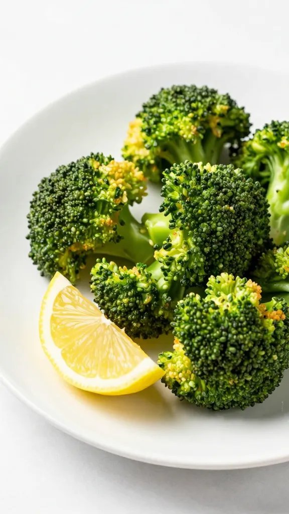 white plate of air-fried broccoli with lemon wedge