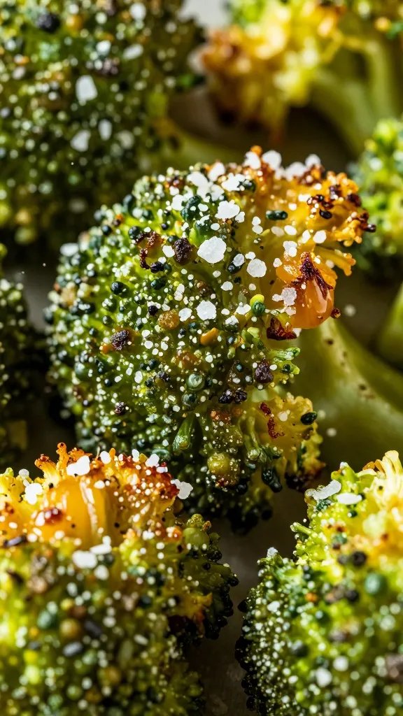 macro of caramelized broccoli edges sprinkled with sea salt