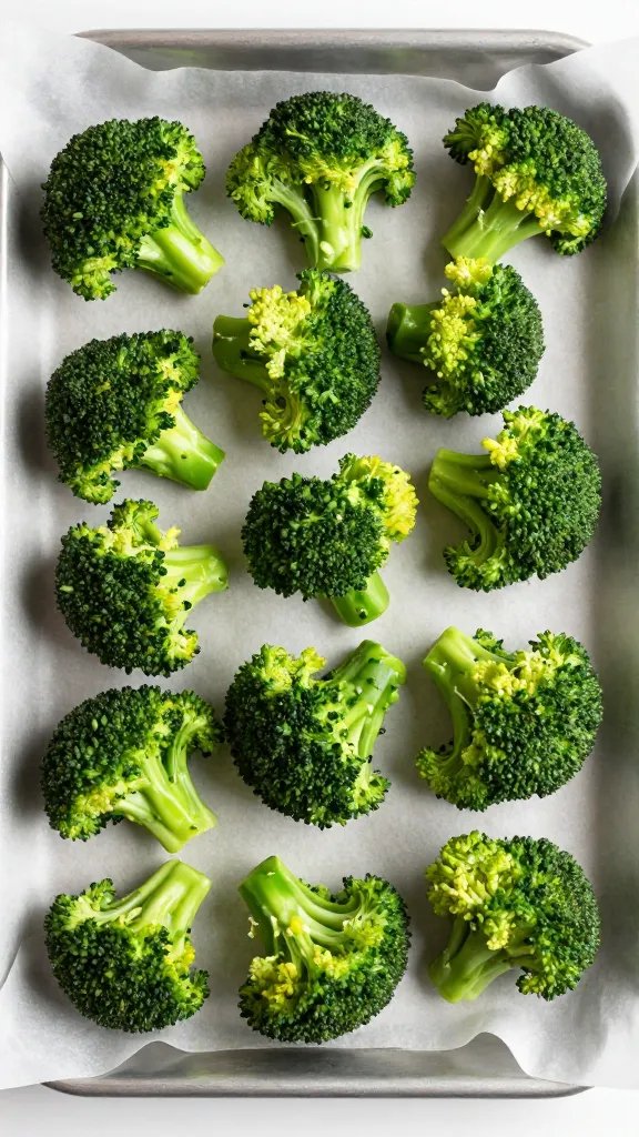overhead of parchment-lined tray with broccoli bites