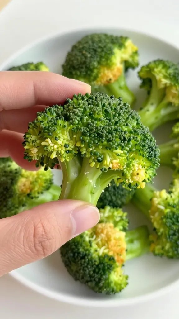 hand holding one crispy broccoli bite over plate