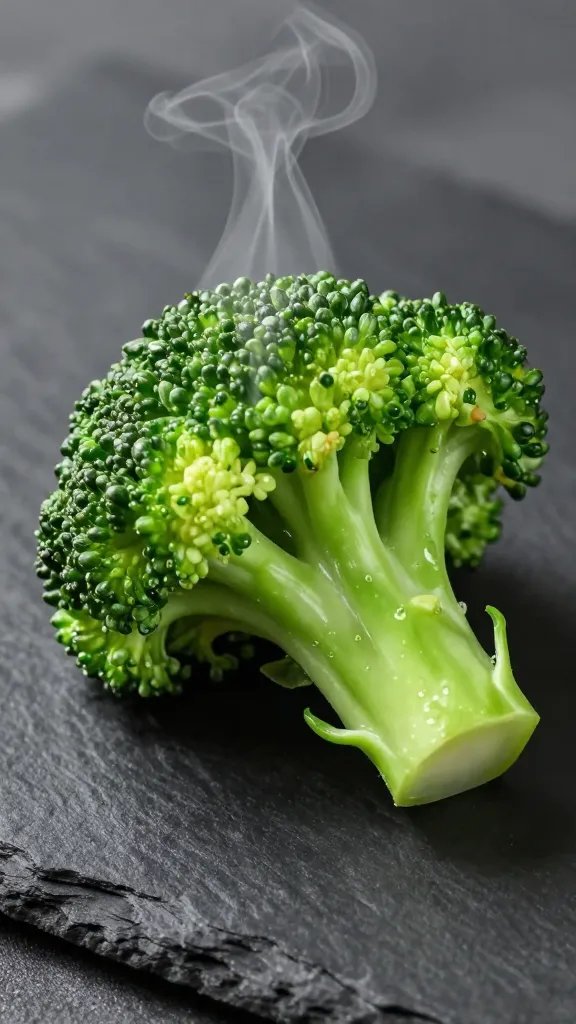 closeup of steaming broccoli bite on black slate