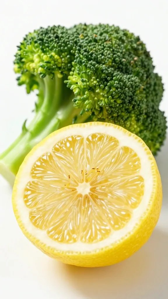 single lemon half zested beside broccoli floret