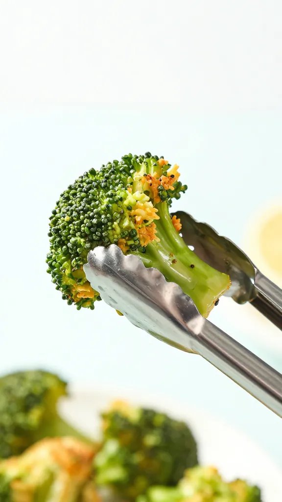 stainless tongs gripping one air-fried broccoli bite