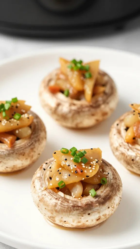 closeup of air fryer stuffed mushroom on white plate