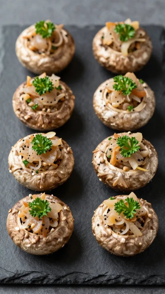 parsley-garnished stuffed mushroom on slate board
