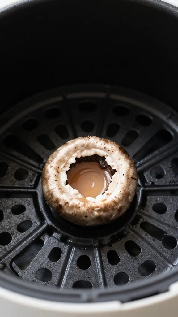 air fryer basket holding one stuffed mushroom