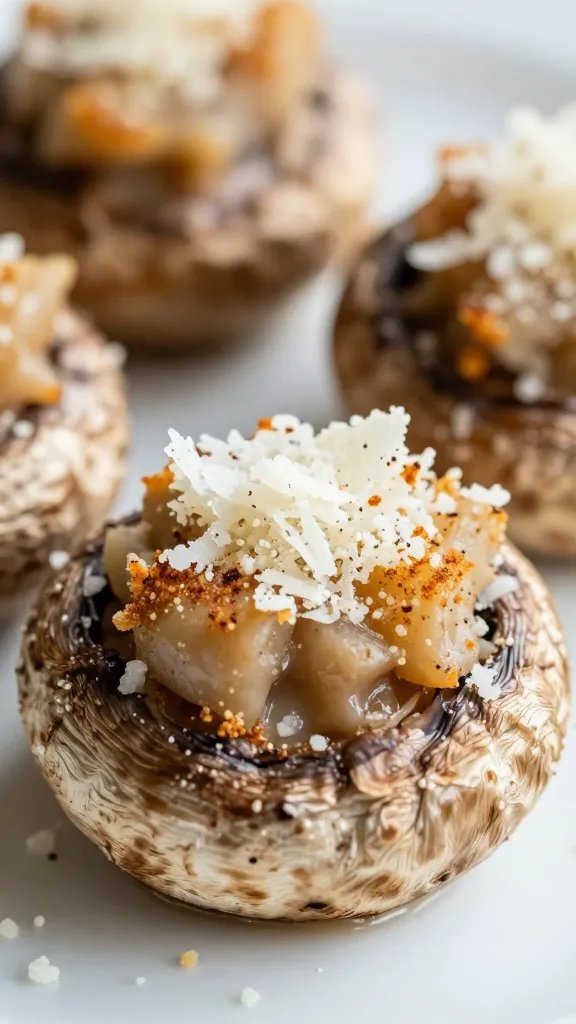 closeup of toasted parmesan crust on stuffed mushroom