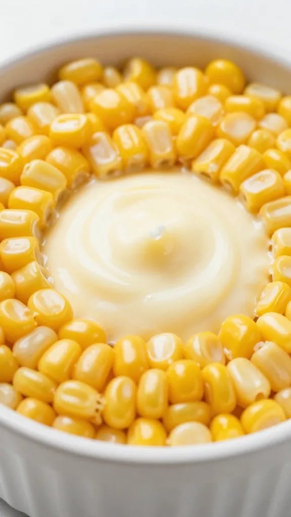 closeup cut-open corn casserole cup showing creamy center