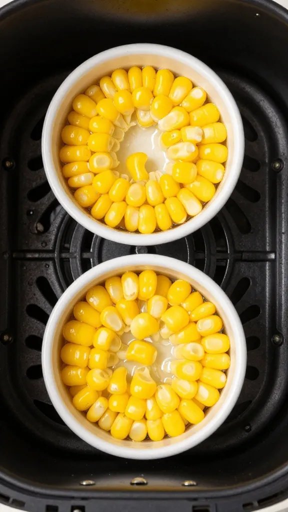 overhead corn casserole cup in black air fryer basket