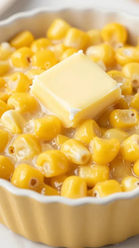 corn casserole cup topped with melted butter pat closeup