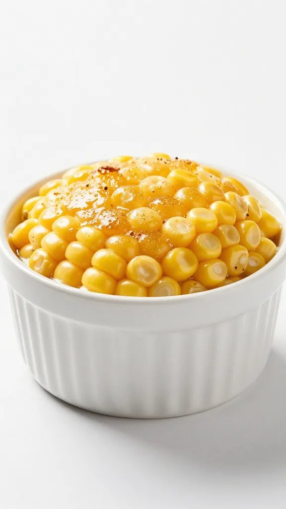 single corn casserole cup in white ramekin, golden top