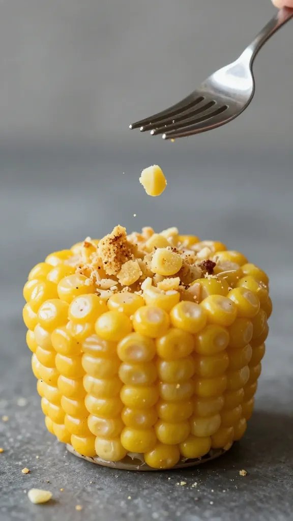 fork piercing one corn casserole cup, crumbs falling