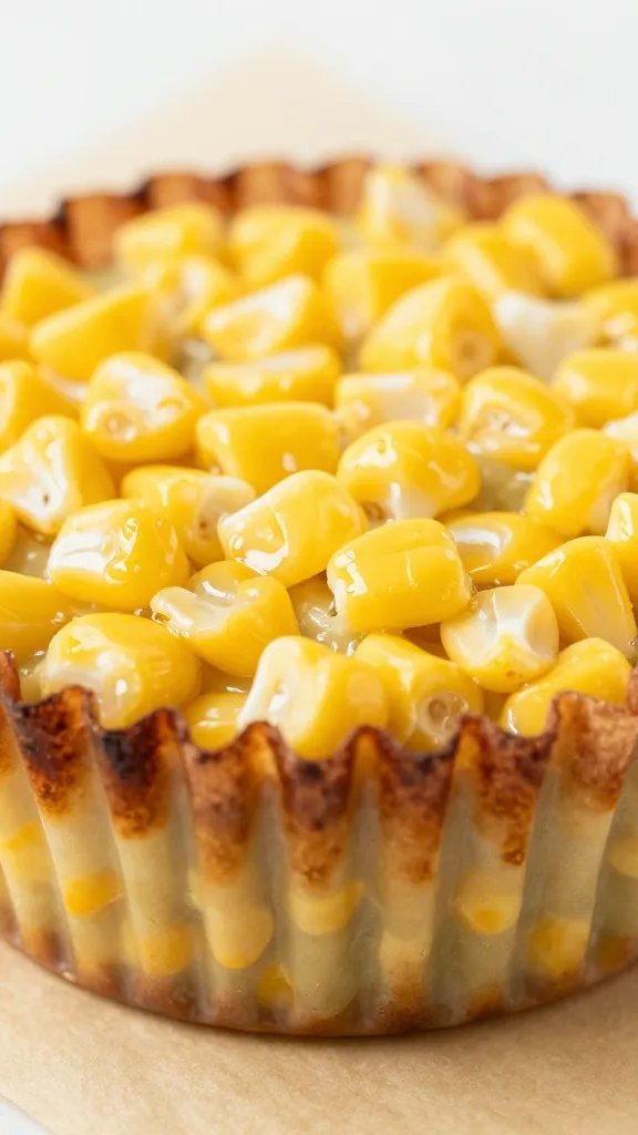 corn casserole cup on parchment, browned ridges closeup