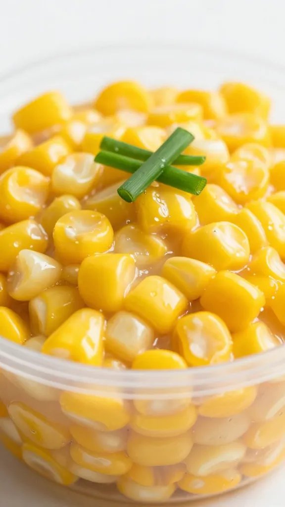 single corn casserole cup with chives garnish, macro shot