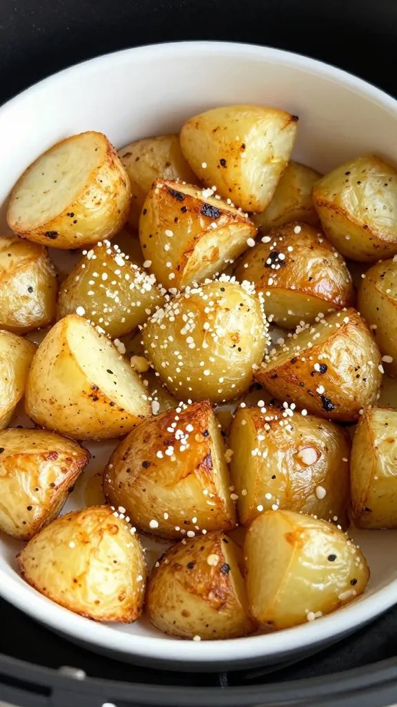 closeup bowl of air fryer parmesan roasted potatoes