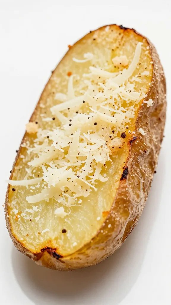 single roasted potato wedge with parmesan crust, macro