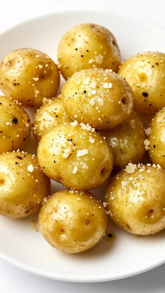 golden baby potatoes on white plate, garlic parmesan dusting