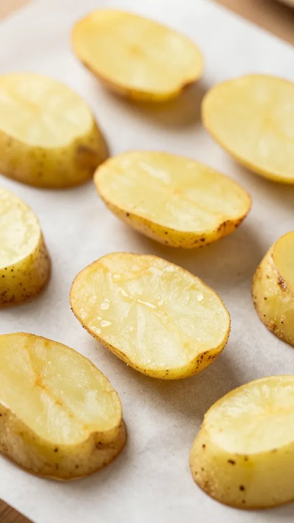 crispy potato halves on sheet of parchment, closeup