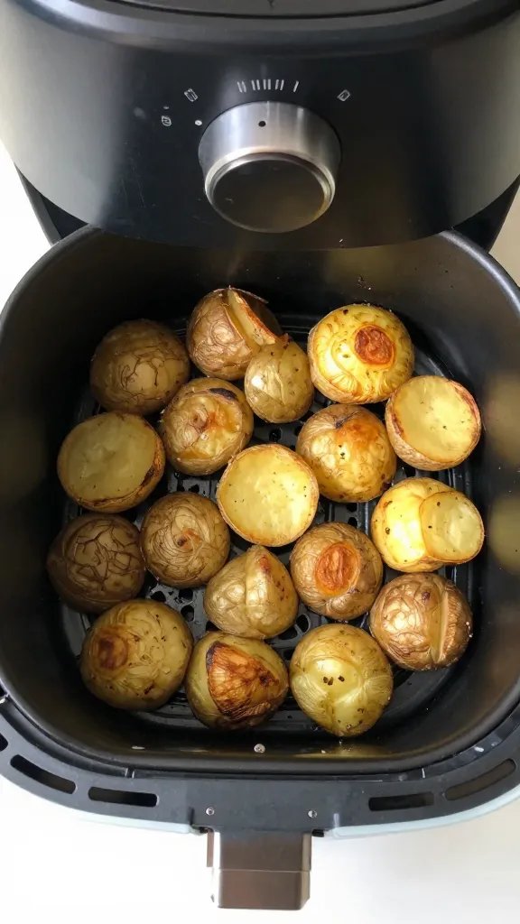single air fryer basket filled with roasted potatoes, top-down