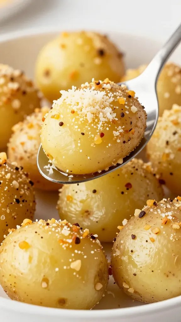 spoonful of parmesan-garlic crusted potato, shallow depth