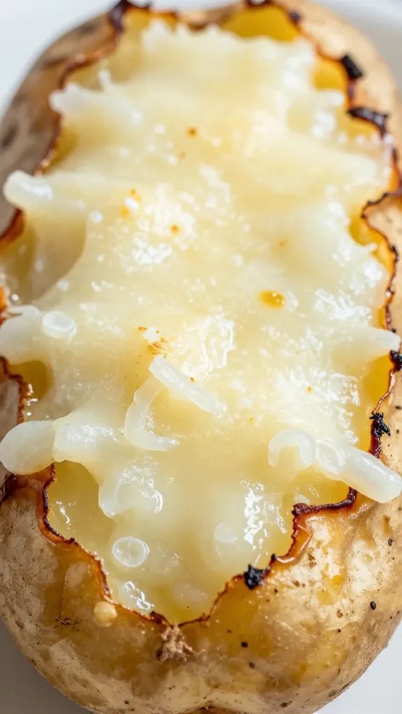 closeup potato with blistered edges and melted parmesan