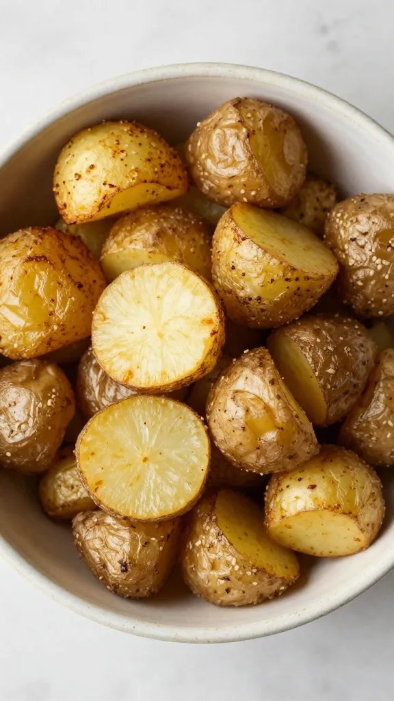 rustic ceramic bowl of crispy potatoes, overhead