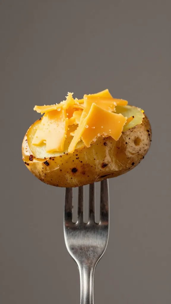 single roasted potato on fork, cheese shards visible