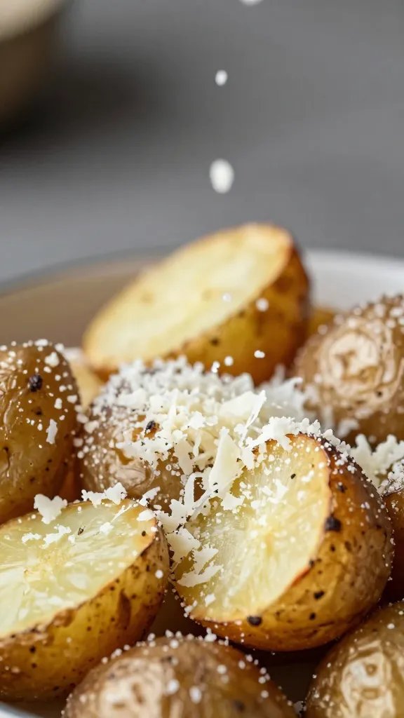 closeup sprinkle of grated parmesan over hot roasted potato