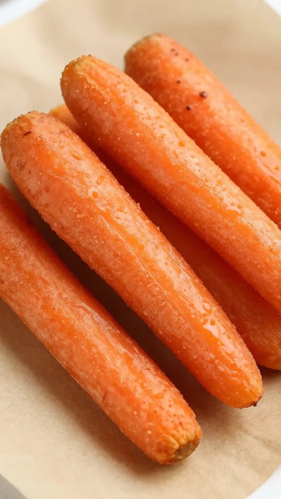 closeup of air-fried carrot sticks on parchment