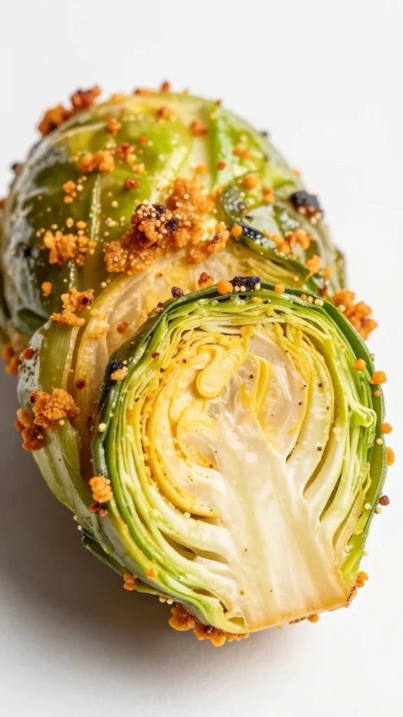 golden air-fried Brussels sprout half, macro shot
