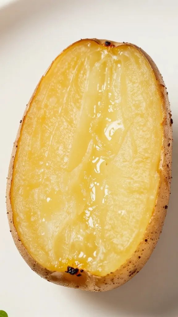 roasted baby potato half with crisp skin, closeup