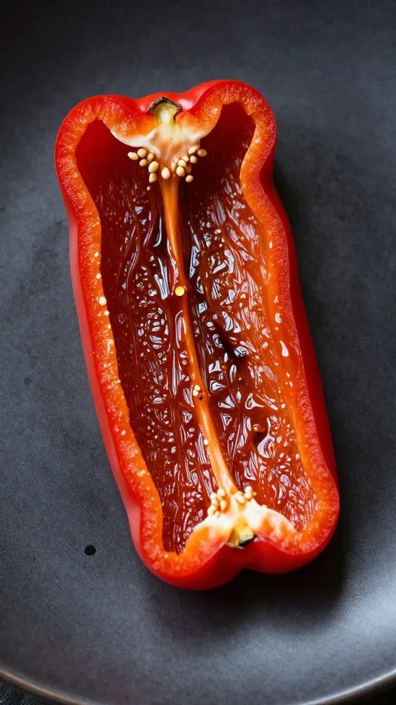 charred red bell pepper strip on dark plate