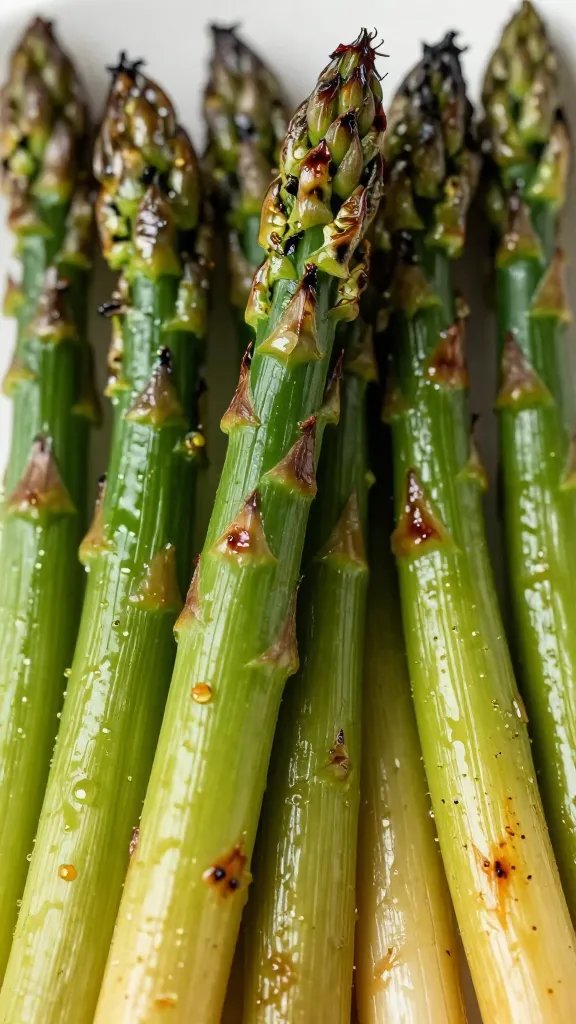 roasted asparagus spear with blistered tips, closeup