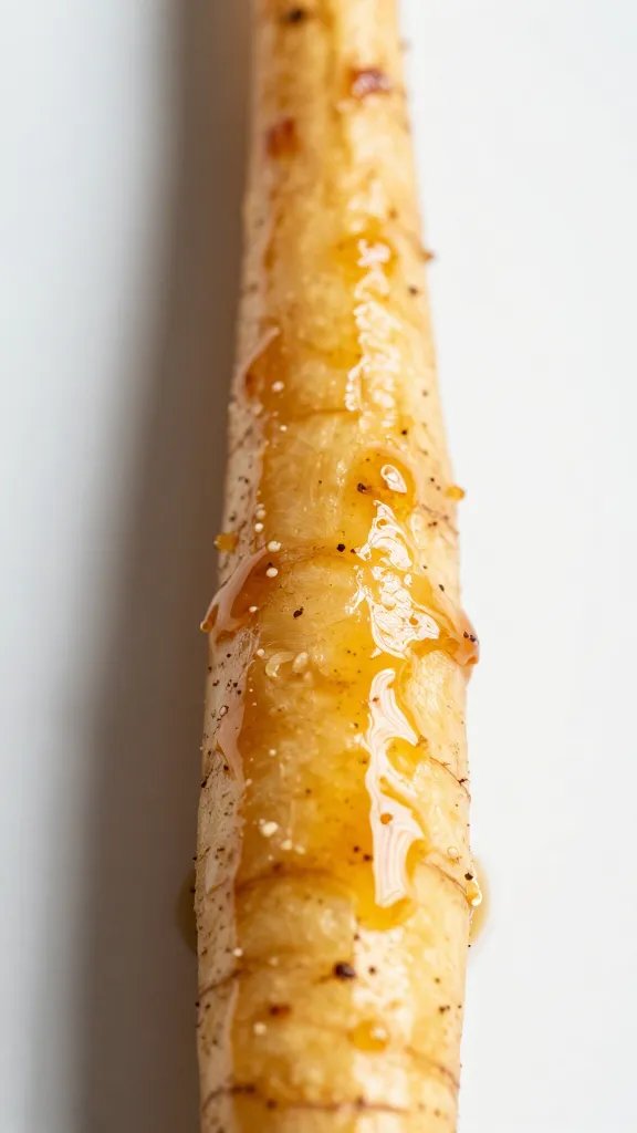 honey-glazed roasted parsnip baton, macro detail