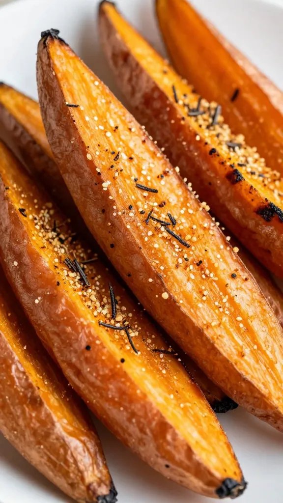 rosemary-dusted roasted sweet potato wedge, closeup