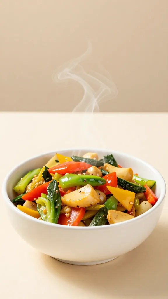 single serving bowl of reheated veggie medley, steam rising