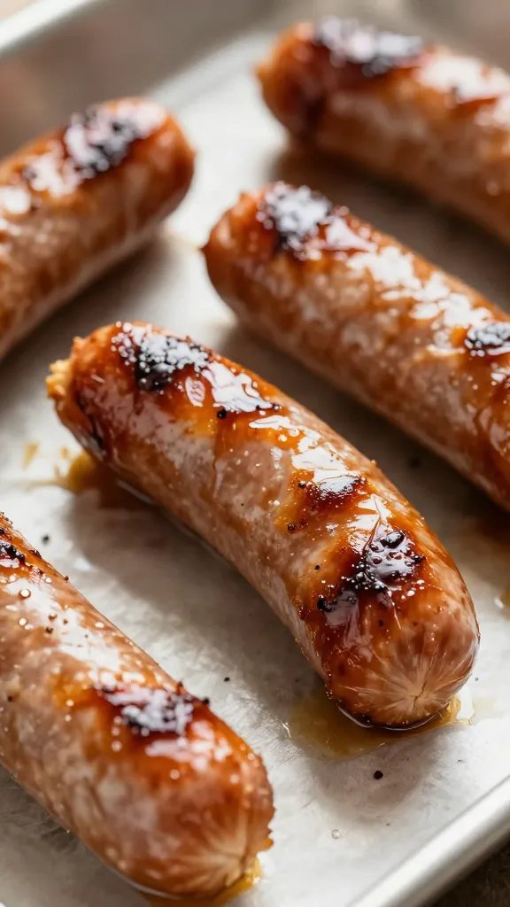 closeup of caramelized Italian sausage link on sheet pan