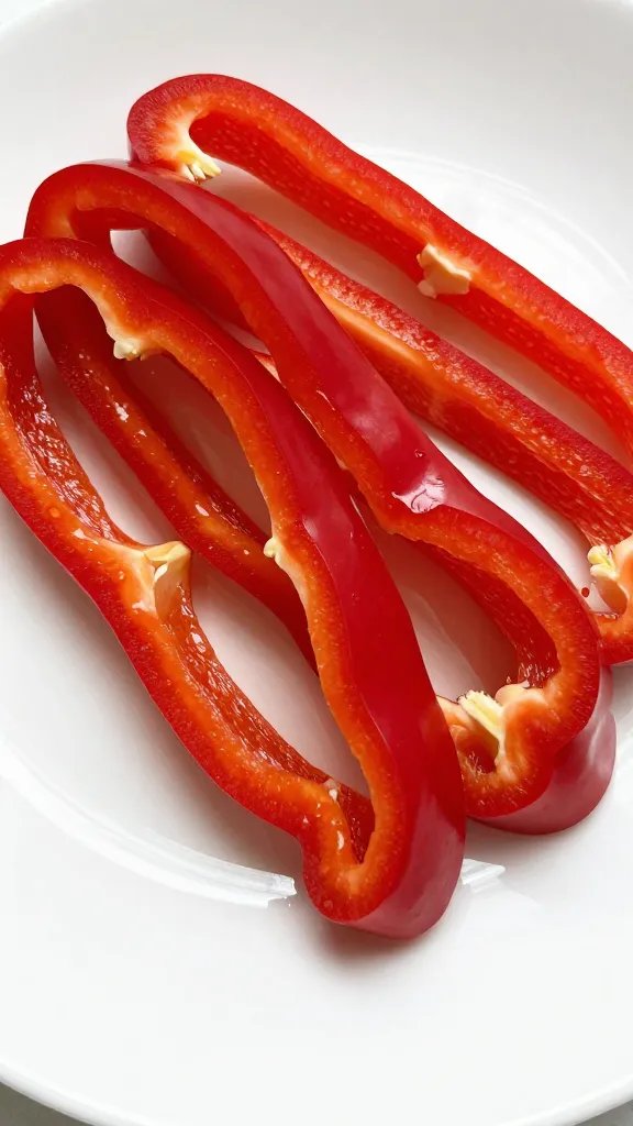 red bell pepper strips glistening on white plate