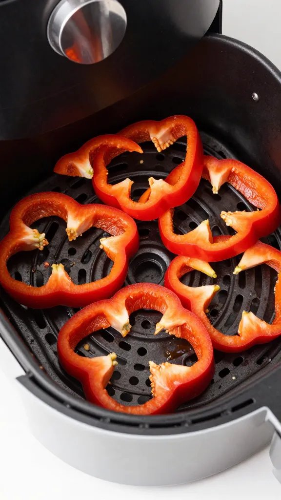 air fryer basket filled with sliced peppers