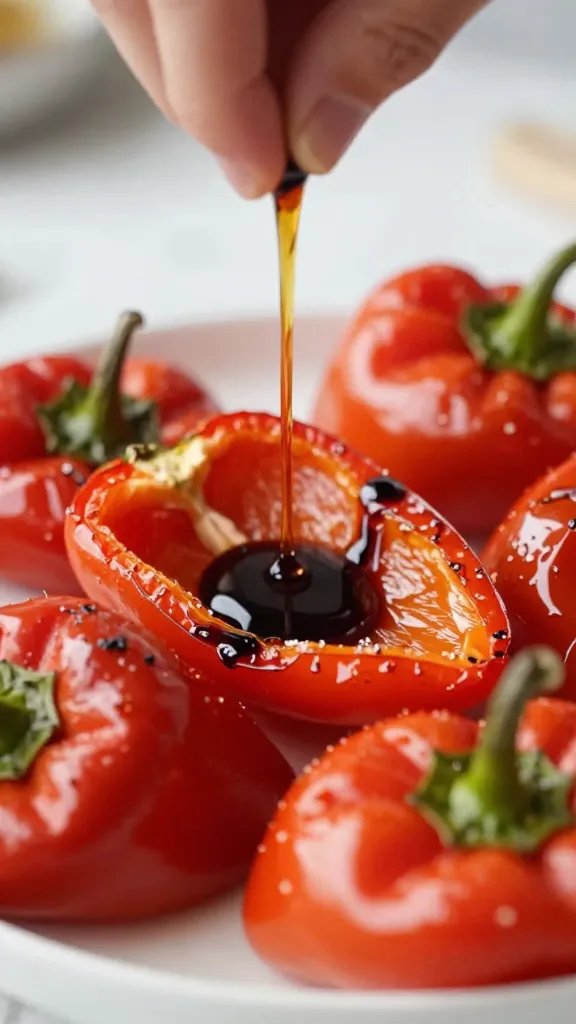 drizzle of balsamic over roasted peppers closeup