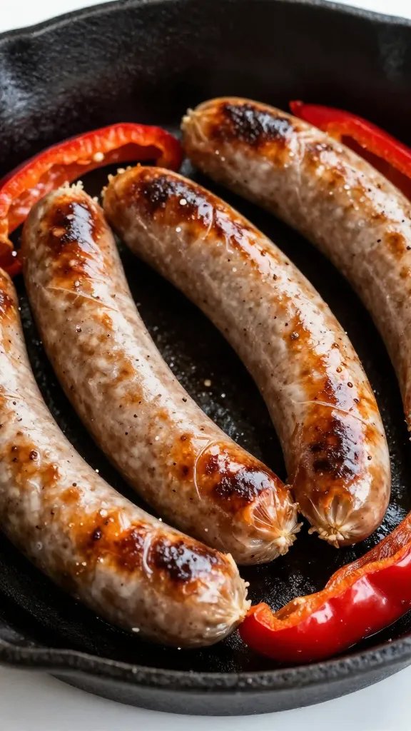 sausage and peppers in cast-iron skillet closeup