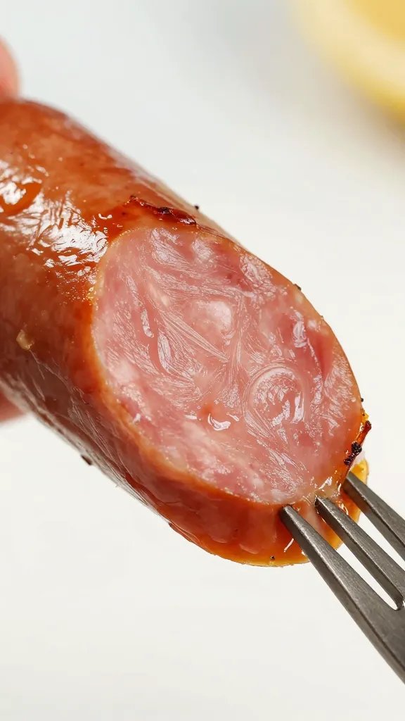 fork piercing roasted sausage slice macro shot