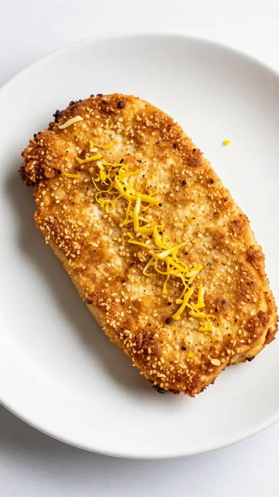 crispy tofu steak on white plate with lemon zest